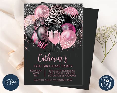 pink and black invitations for birthday